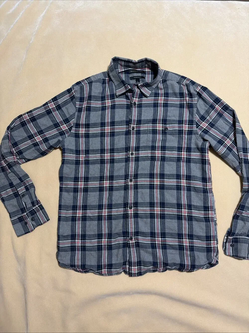 Banana Republic Men's Large Untucked Slim Fit Flannel Shirt Gray Navy Plaid